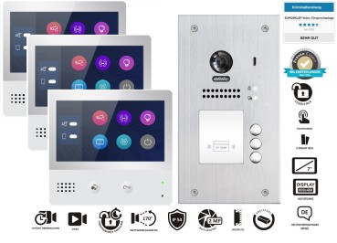 Preview: 3 Familien Video Sprechanlage Unterputz ZD471 + 3-MFH ZD607F/ID/FE-S3 RFID 170° Fischaugenkamera Edelstahl